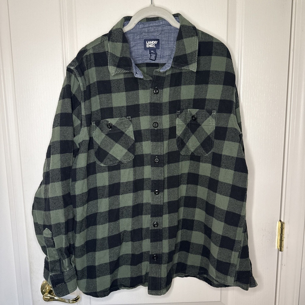 Lands End Men's XL Flagship Flannel Shirt Green Black Buffalo Plaid Button Down